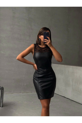 Wear Up Strapless Leather Dress with Lace Top Black W24421