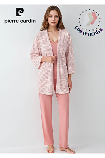 Pierre Cardin Women's Modal Boxed 3-Piece Patterned Pink Dressing Gown & Pajama Set Set L1.Pc.908.2.001