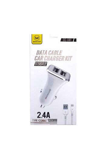 Maxcell Car Charger 5V/2.4A Fast Charge with Dual USB Ports and Type-C Cable