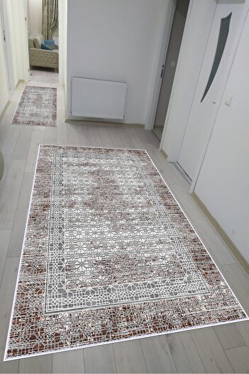 VOPTEKS Kahverengi Halı Yolluk Makinede Yıkanabilir Halı Kaymaz Taban Halı