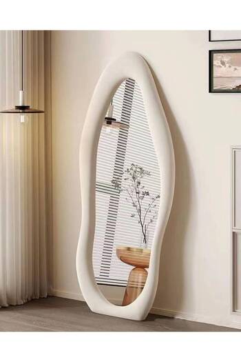 Crestj Long Decorative Mirror with Velvety Frame – Modern Wavy Beige Design