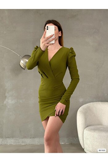 Modafeminen Balon Shoulder Double Breasted Collar Dress 581930 Pistachio Green