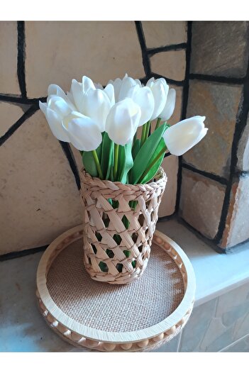 e&e süs dükkanı Wicker Vase and Tulip Bouquet Set of Two