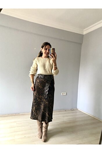 Gözde Tasarım Butik Women's Leopard Printed Midi-Length Satin Skirt with Elastic Waist
