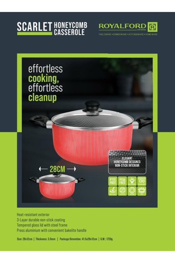 ROYALFORD Honeycomb Casserole 28cm with Lid – Non Stick 3-Layer Durable Cookware, Easy Cooking & Cleaning