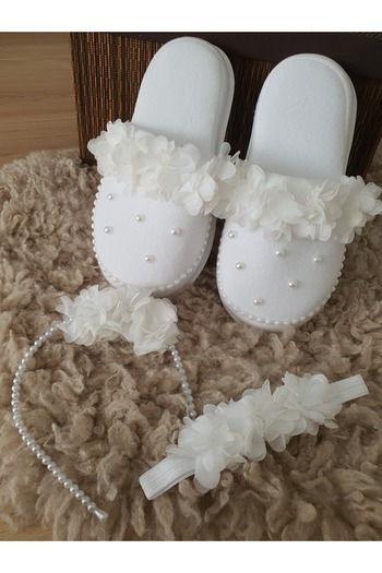 Fiyonks Atölye Maternity Slippers, Crown and Baby Bandana Set, Mother Maternity Slippers Set with Pearl Model