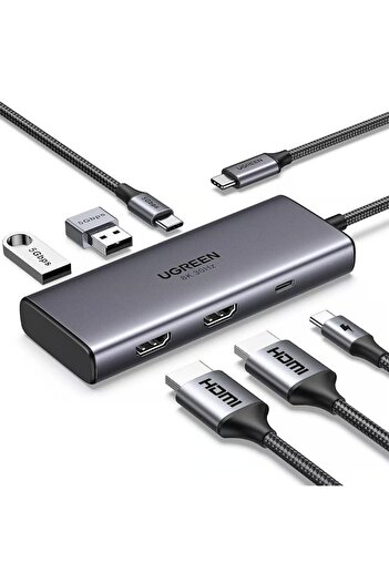 Danex Conector Hub de la USB-C la 2x USB, 2x HDMI, 2x Type-C, 5Gpbs, PD100W, L72, Metal Gray