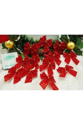 Danex Set 12 Christmas Tree Bows, Red, 6 x 8 cm, Polyester