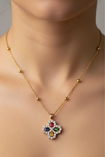 zarifje Gold Color Mix Stone Clover Steel Necklace
