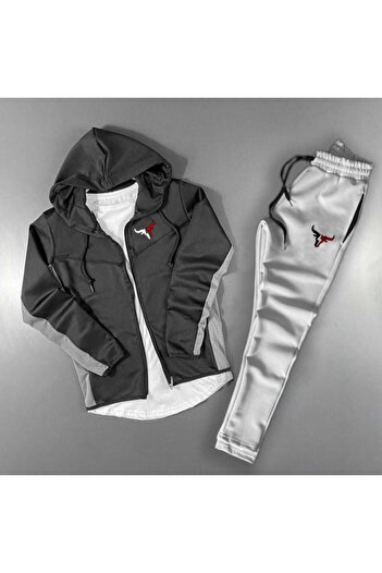 ByFourMan Unisex Bull Printed Zippered Stand Collar Gray Black Scuba Suit