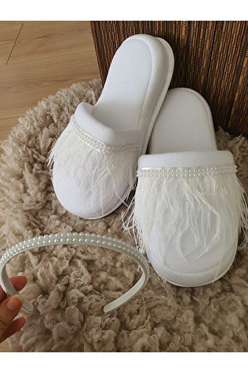 Fiyonks Atölye Maternity Slippers and Crown Set, Special Feather Series, Pregnant Women Maternity Set, Bride Slippers
