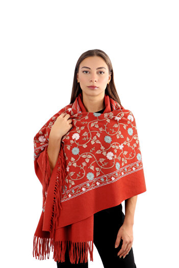 Bursa İpek Cinnamon Embroidered Winter Shawl