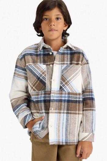 DeFacto Boy's Oversize Wide Fit Polo Neck Flannel Long Sleeve Shirt (25 Wn)