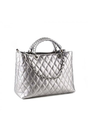 AZZURA Geantă Natalia, 100% leather, silver with quilted appearance, golden chain, code 8001