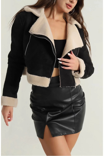 By Mop Fur Inside Suede Outside Short Coat Black T1186