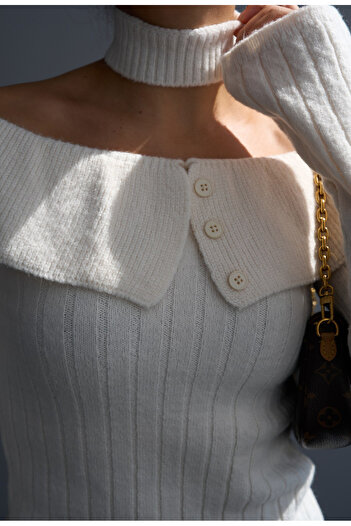 studio fashion 1988 Women's Off-Shoulder Premium Knit Sweater with Neck Accessory