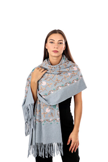 Bursa İpek Silver Embroidered Winter Shawl