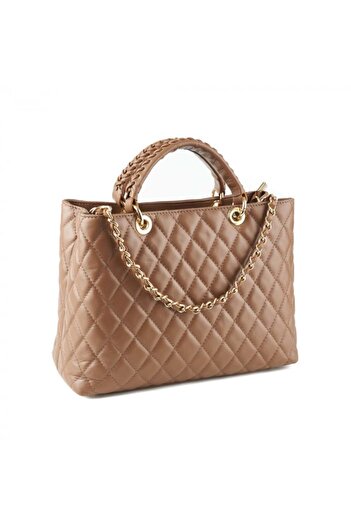 AZZURA Natalia bag, 100% natural light taupe leather with quilted look, gold chain
