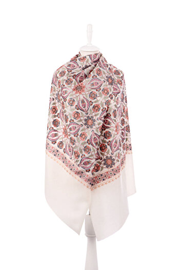 Bursa İpek Cream Full Embroidered Suzani Wool Shawl