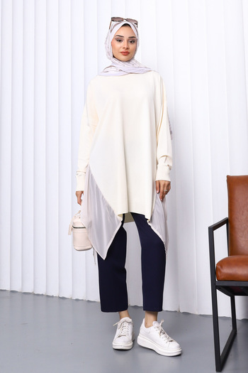 İmajButik Stone Crew Neck Tulle Detailed Tunic