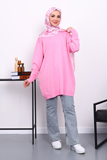İmajButik Pink Crew Neck Stone Embroidered Mercerized Knitwear Tunic