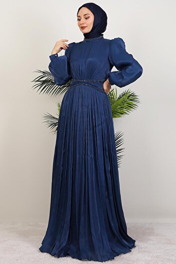 GİYZAMİLA Meryem Beaded Evening Dress Navy Blue
