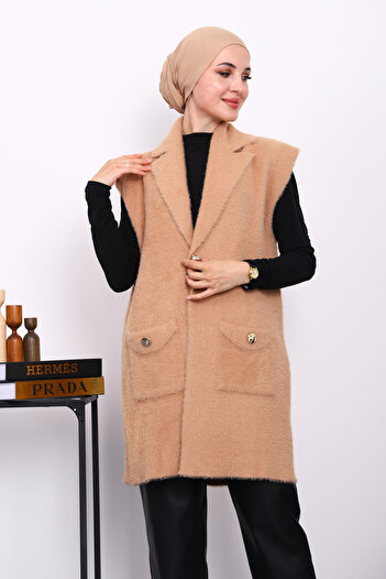 İmajButik Long Angora Soft Vest with Biscuit Pocket