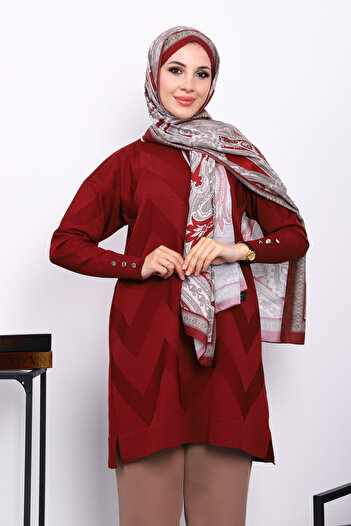 İmajButik Burgundy Cold Yarn Crew Neck Knitwear Tunic