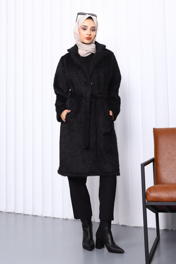 İmajButik Black Buttoned Long Pocket Fur Coat