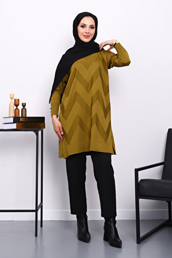 İmajButik Oil Green Cold Thread Crew Neck Knitwear Tunic