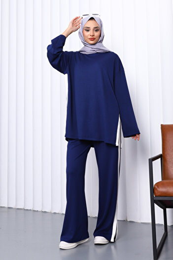 İmajButik Navy Blue Tunic and Pants Set with Side Slits
