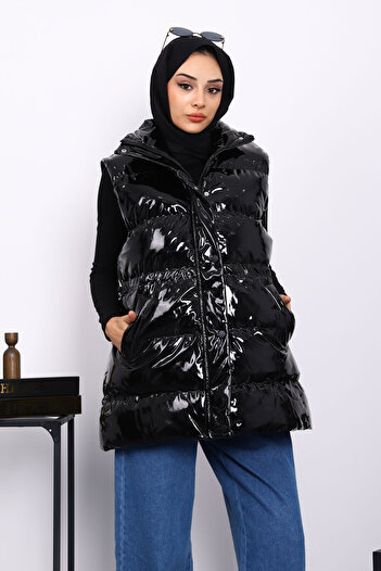 İmajButik Black Patent Leather Waist Elastic Vest