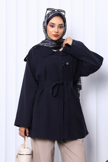 İmajButik Navy Blue Epaulet Detailed Belted Trench Coat