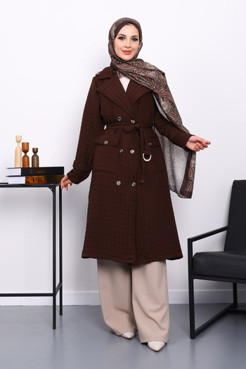 İmajButik Brown Belted Quilted Coat with Pocket Detail
