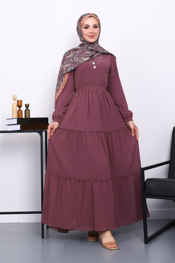 İmajButik Dusty Rose Skirt Layered Sleeve Tie-Up Chiffon Dress