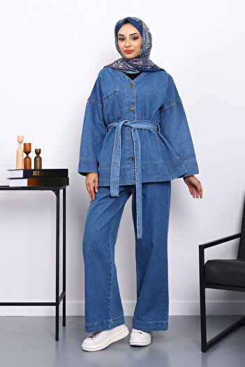 İmajButik Blue Belted Jacket with Trousers and Jeans