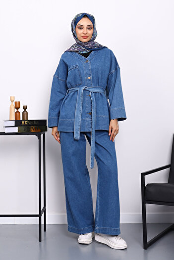 İmajButik Blue Belted Jacket with Trousers and Jeans