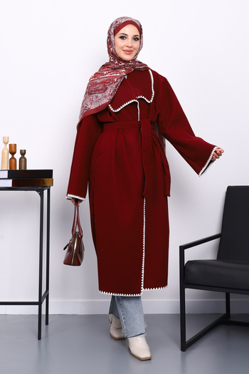 İmajButik Burgundy Shepherd Stitched Shawl Collar Cashmere Coat