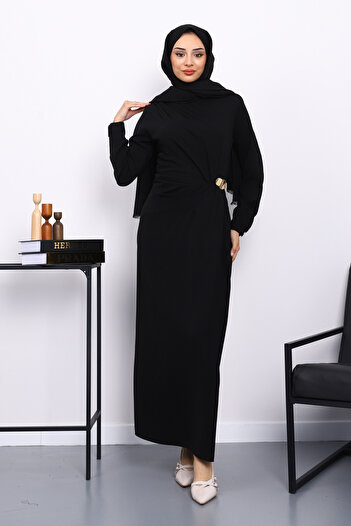 İmajButik Black Front Draped Buckle Dress