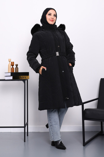 İmajButik Black Hooded Fur Long Puffer Coat