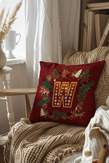Hayal Dekoratif Christmas Themed Red Colored Globe Letter Patterned Digital Printed Throw Pillow Cover