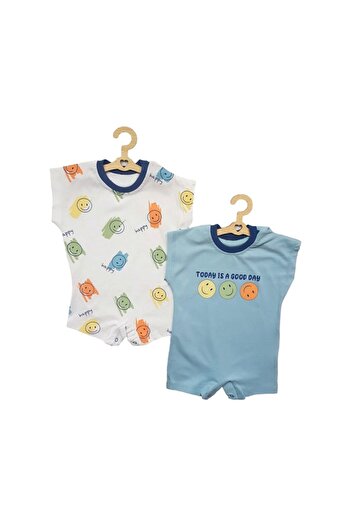 Miniworld Set 2 salopete scurte de vara pentru baieti, bumbac, imprimeuri colorate, varsta 0-3 luni, 62 cm