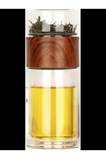 Generic Wall Glass Tea & Fruit Bottle with Wooden Accent, Double Wall Design