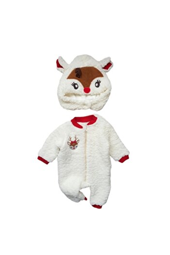 Miniworld Salopeta bebe cu caciula din polar, Bambi, varsta 6-9 luni, 74 cm, Alb&rosu