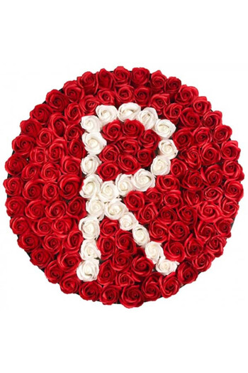 velve Personalized floral arrangement with letter, black round box with 101 soap roses, Letter R