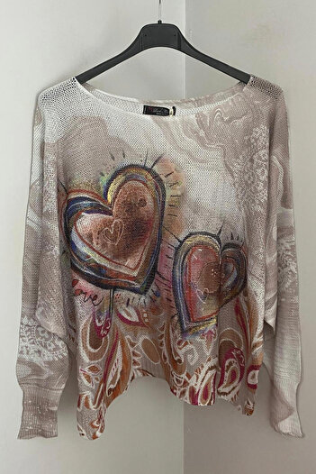AYASOFYA OTANTIK Women's Italian Beige Heart Patterned Foil Detailed Batwing Sleeve Mercerized Blouse Sweater