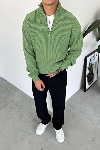 HAFKAGİYİM Green Half-Zip High Neck Knit Sweater