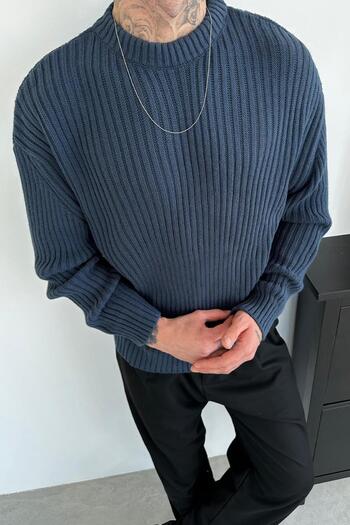 HAFKAGİYİM Indigo Crew Neck Ribbed Oversize Knit Sweater