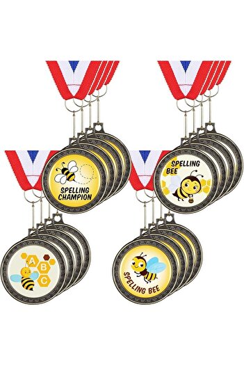 Generic 16 Pcs Spelling Bee Award Medals with Neck Ribbon 2 Inch Metal Spelling Bee Honeycomb Medals for Awa