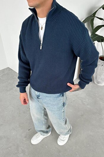HAFKAGİYİM Petrol Half-Zip High Neck Knit Sweater